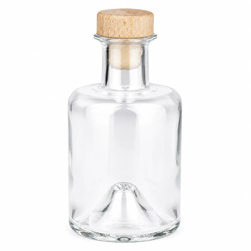 Botella de farmacia de 200 ml «Sofia» con tapón de corcho con asa de madera UNiTWIST® Botella de cristal de 200 ml Sofia con asa de madera corcho UNiTWIST transparente vacía Foto del producto sobre fondo blanco