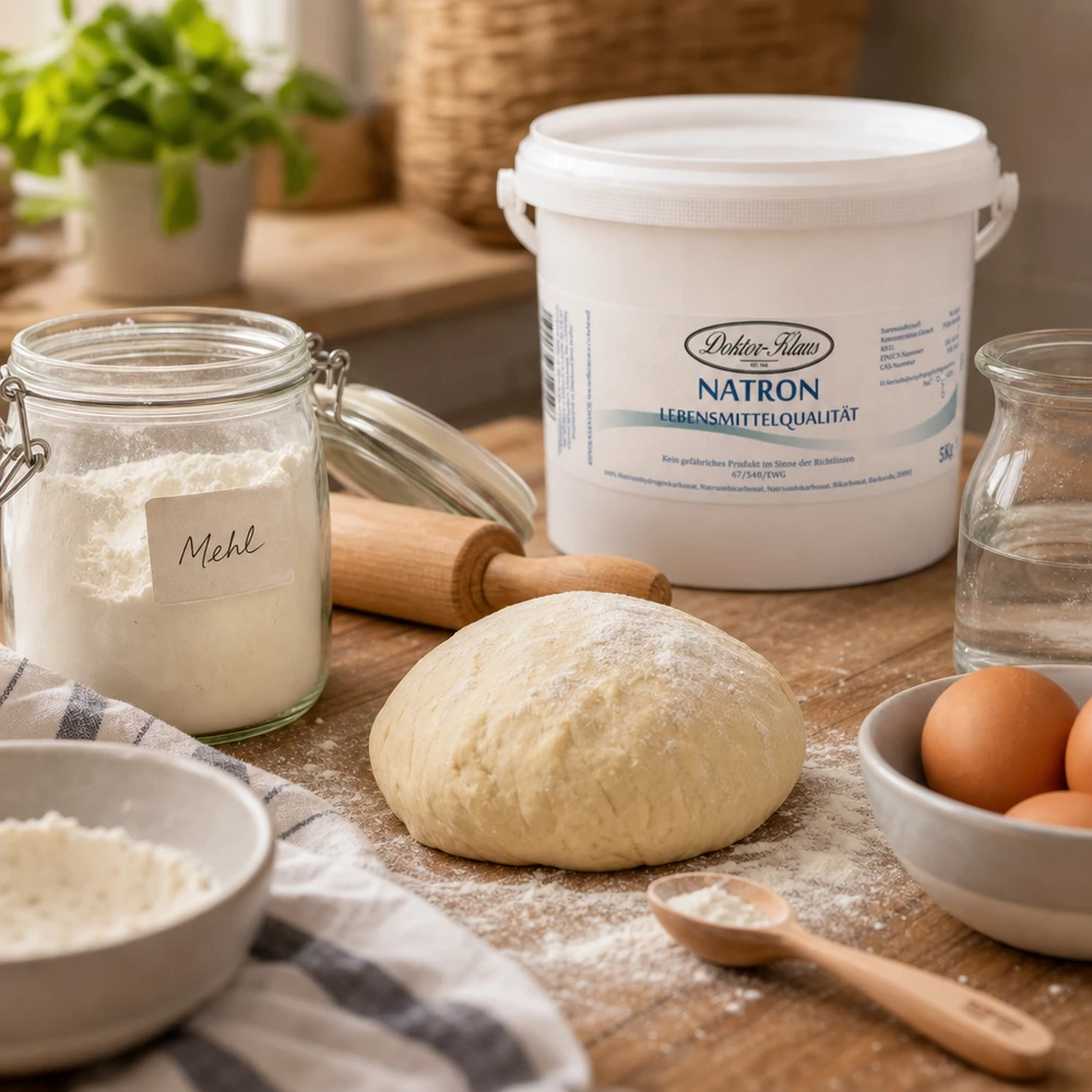 Natron Doktor Klaus 5kg para aplicaciones de panificación con masa, harina y huevos sobre superficies rústicas de madera