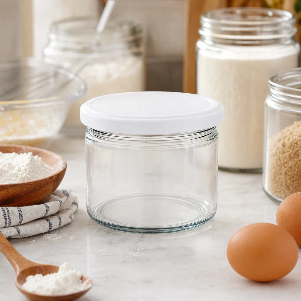 Tarro redondo de 540ml con tapa BasicSeal blanco UNiTWIST 540ml Rundglas BasicSeal weiß in stylischer Küche mit Backzutaten - elegantes Vorratsglas für Mehl und Backen