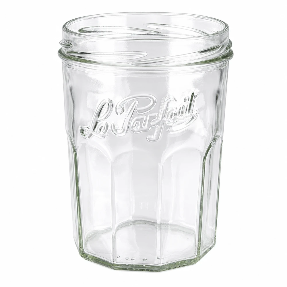 Le Parfait® Jam 385 ml Ø82 mm tarro mermelada El tarro de conservas Le Parfait de 385 ml sin tapa presenta una elegante estructura estriada y la marca en relieve para mermelada