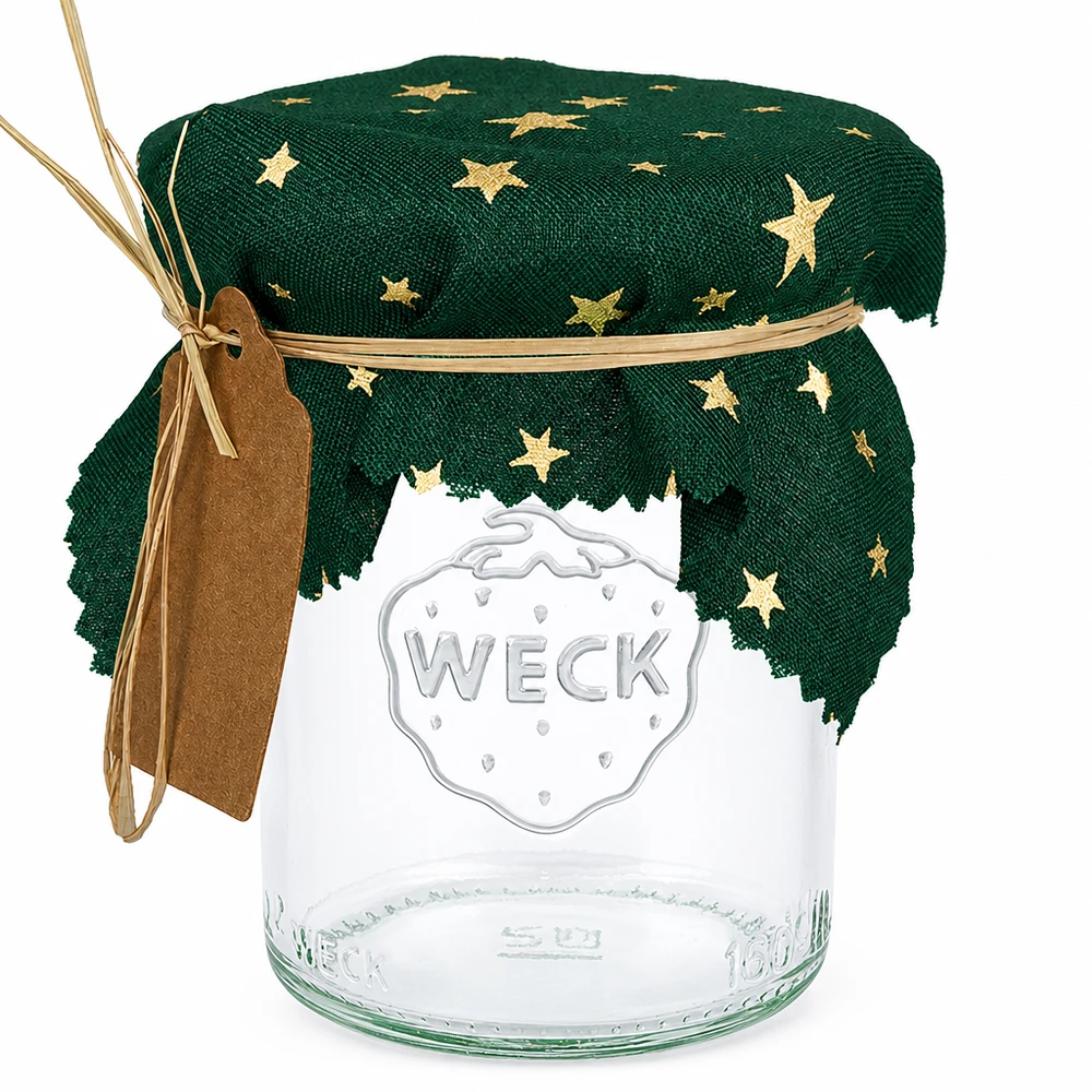 Alfombra de tela para bisutería "estrellas" verde 12cm cuadrado Felpilla de tela verde con estrellas doradas sobre tarro de conserva, cuadrado 12cm, felpilla decorativa para tarros de conserva