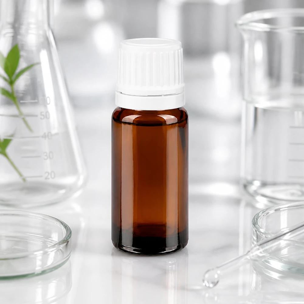 Frasco de cristal de 10 ml de color ámbar con tapón de rosca blanco y una abertura para gotear de 0,7 mm