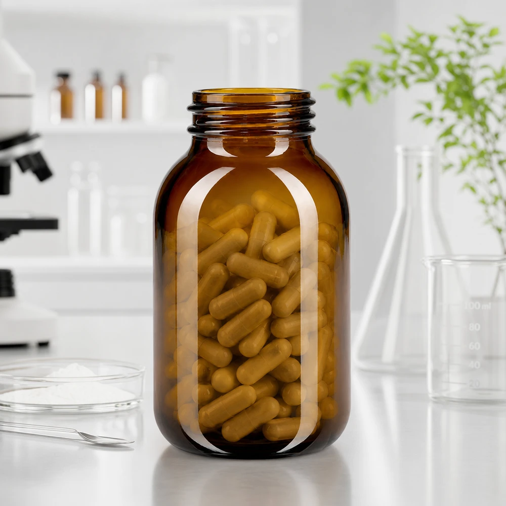 Botella de cuello ancho de 500 ml de alta calidad fabricada en vidrio ámbar con protección UV para una conservación óptima