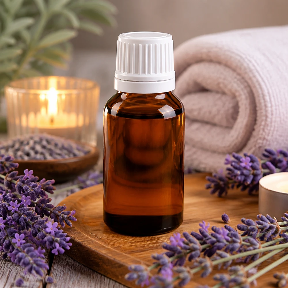 Botella de farmacia marrón 15ml tapón cuentagotas 1,2mm blanco cierre inviolable Pequeño frasco de vidrio marrón con tapón de seguridad para niños de color blanco, entre flores frescas de lavanda