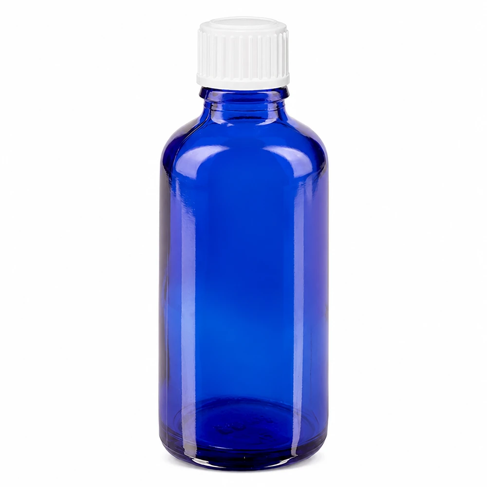 Frasco de cristal azul de 50 ml con tapón cuentagotas blanco, fabricado en ApoGlas de alta calidad para farmacias