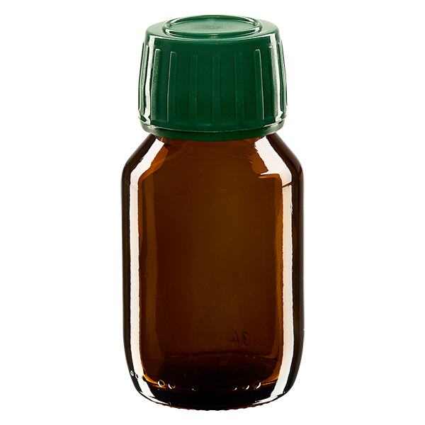 Frasco medicamento 50ml marrón, tapón verde con precinto de seguridad ApoGlas Frasco medicamento 50ml marrón, tapón verde con precinto de seguridad ApoGlas