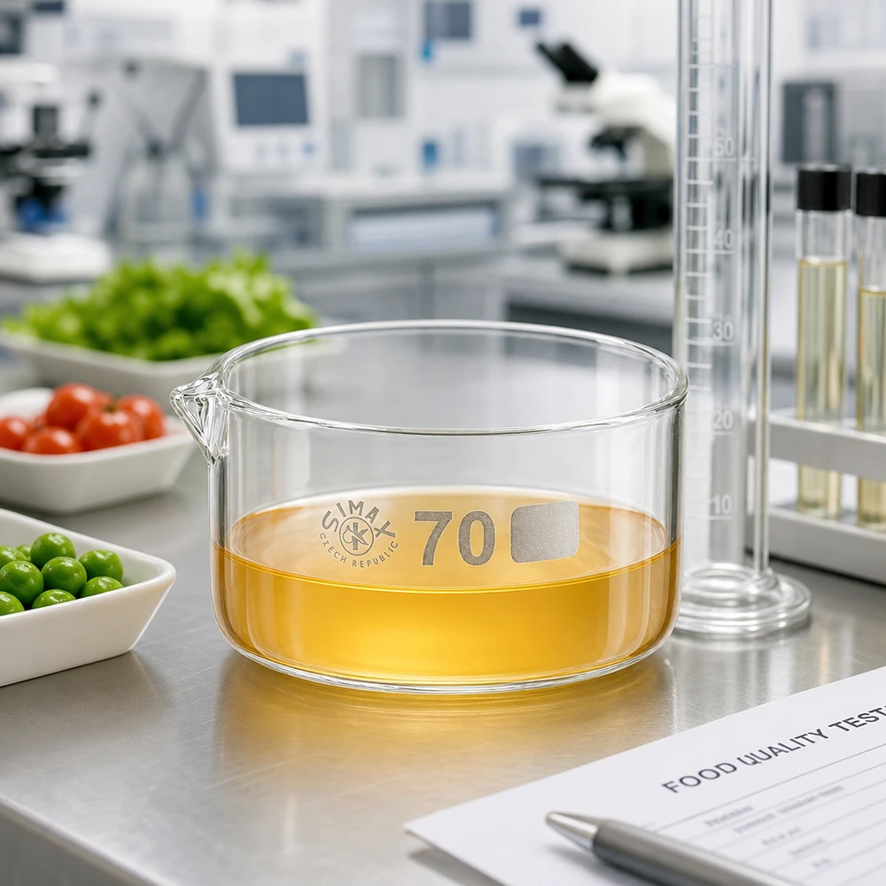 Bandeja de cristalización Simax de 70 mm con contenido amarillo sobre una encimera de laboratorio de acero inoxidable, junto a alimentos