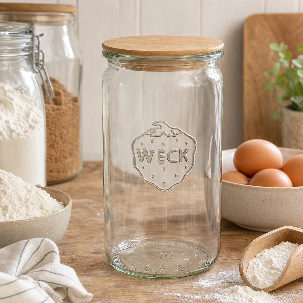 WECK tarro cilíndrico 340ml RR60 tapa de madera en cocina con harina huevos y tarros de almacenamiento como accesorios de panadería almacenamiento