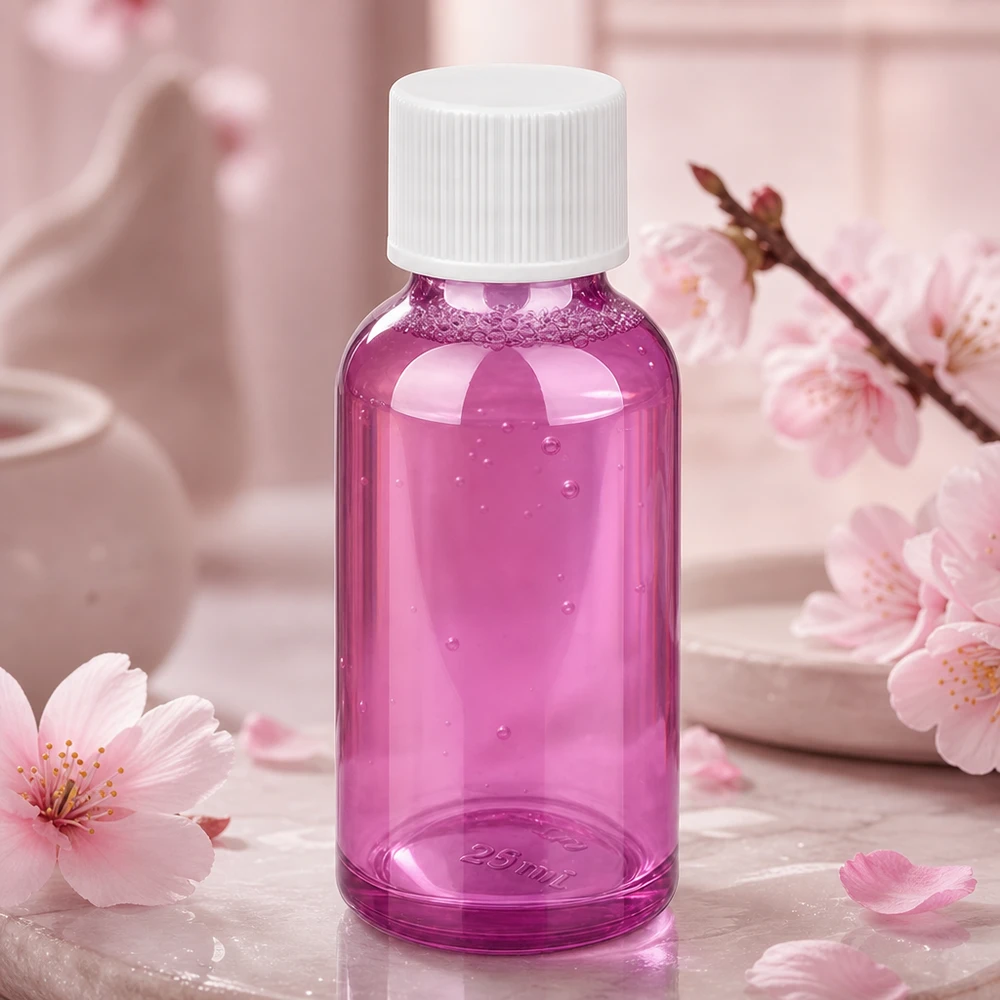 Frasco de 30 ml con tapón blanco ranurado de color morado para almacenar líquidos de forma segura