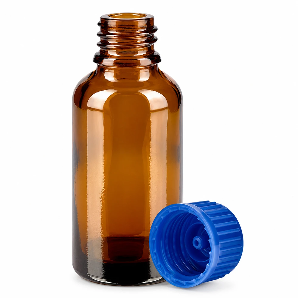 Frasco 30ml 11mm tapón rosca azul estándar BrownLine UT18/30 Frasco pequeño de 30 ml de vidrio ámbar con protección UV y tapón azul para aplicaciones de laboratorio