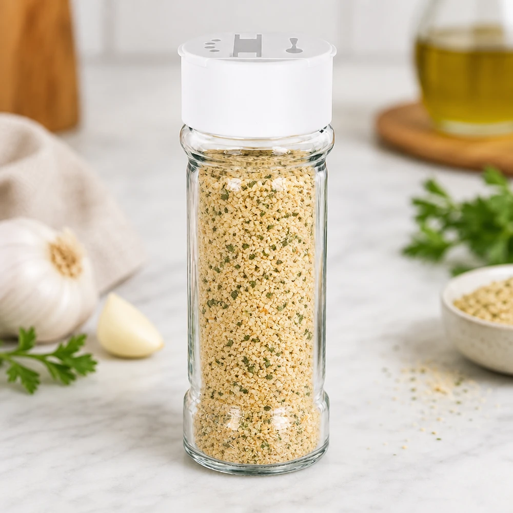 Frasco de cristal transparente con sal, de 100 ml, con tapa de plástico blanco, lleno de sal con ajo y hierbas aromáticas
