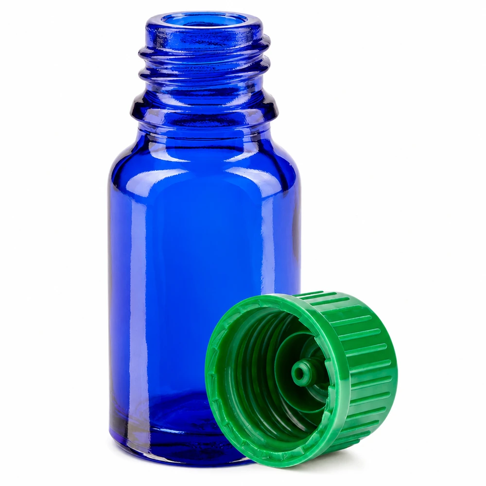 Frasco de vidrio BlueLine UT18 10 de 10 ml con tapón estándar verde de 11 mm para aceites esenciales
