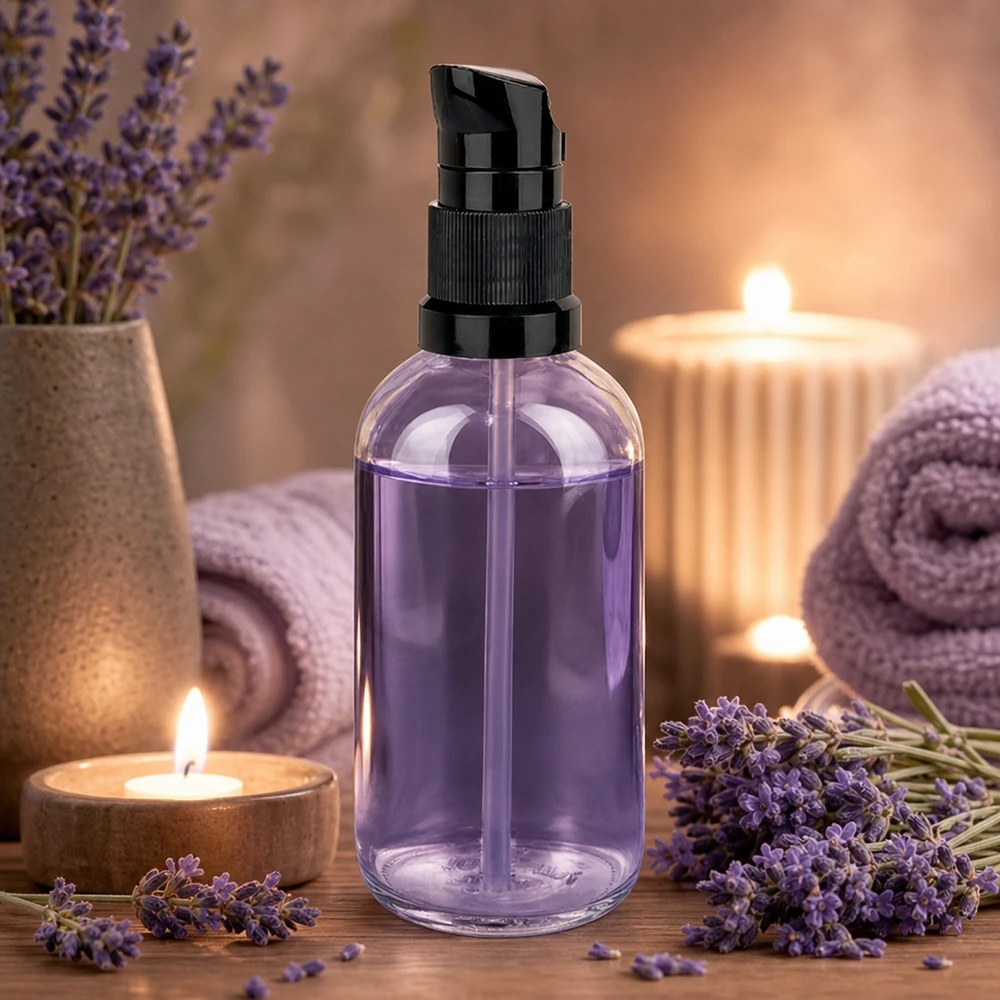 ClearLine UT18, frasco dosificador de 100 ml con bomba negra y contenido de color lavanda, ambiente de spa y bienestar