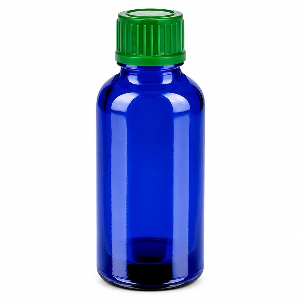 Frasco de vidrio azul de 30 ml con tapón de rosca verde para aceites esenciales y medicamentos