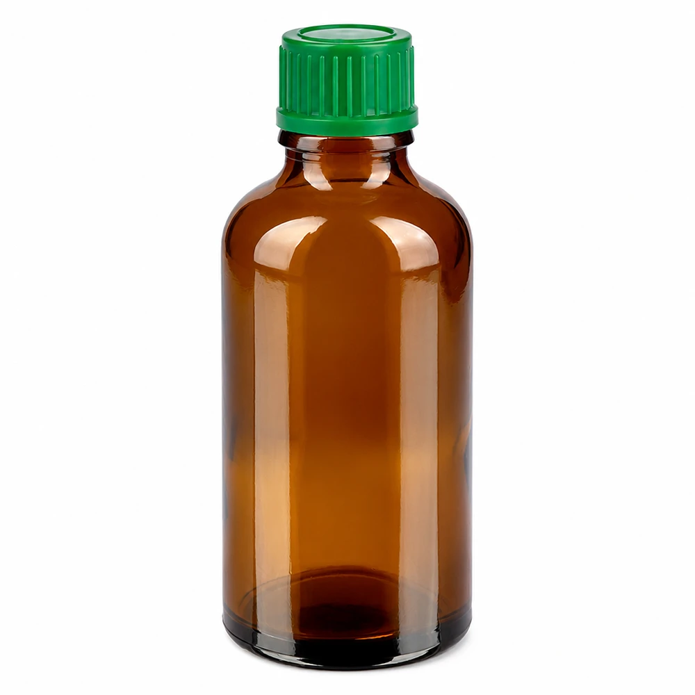 Frasco de vidrio ámbar de 50 ml con tapón de rosca verde para medicamentos y cosméticos