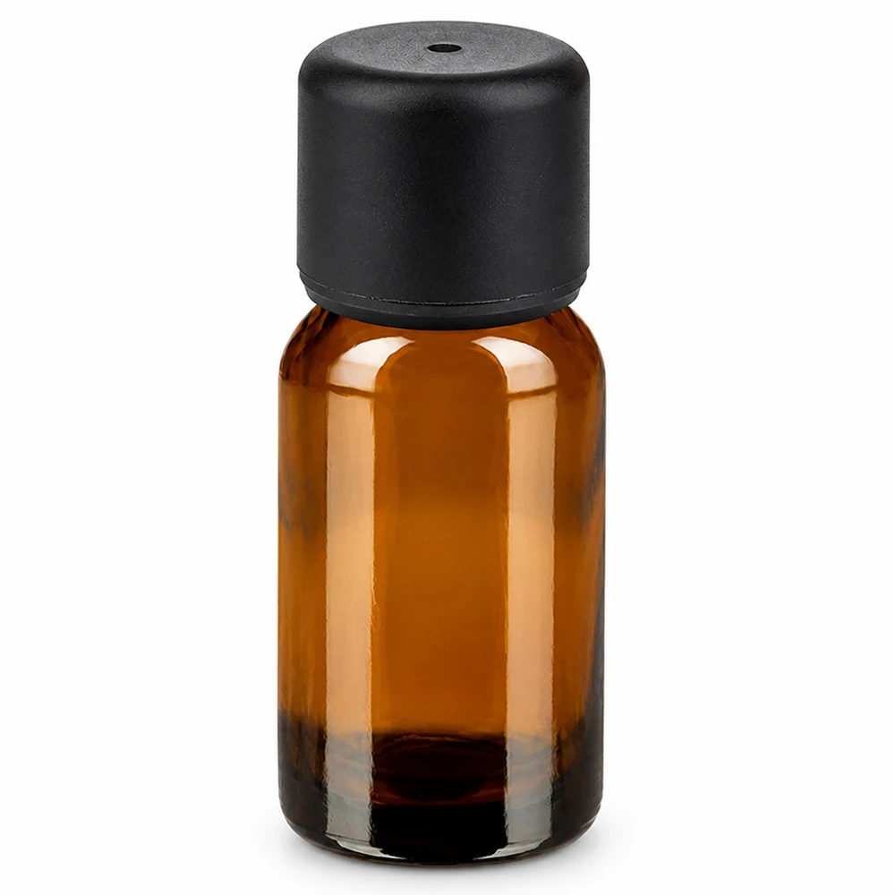 Botella 10ml tapón rosca 6mm negro estándar BrownLine UT18/10 Frasco de vidrio ámbar de 10 ml con tapón negro para aceites esenciales y cosméticos