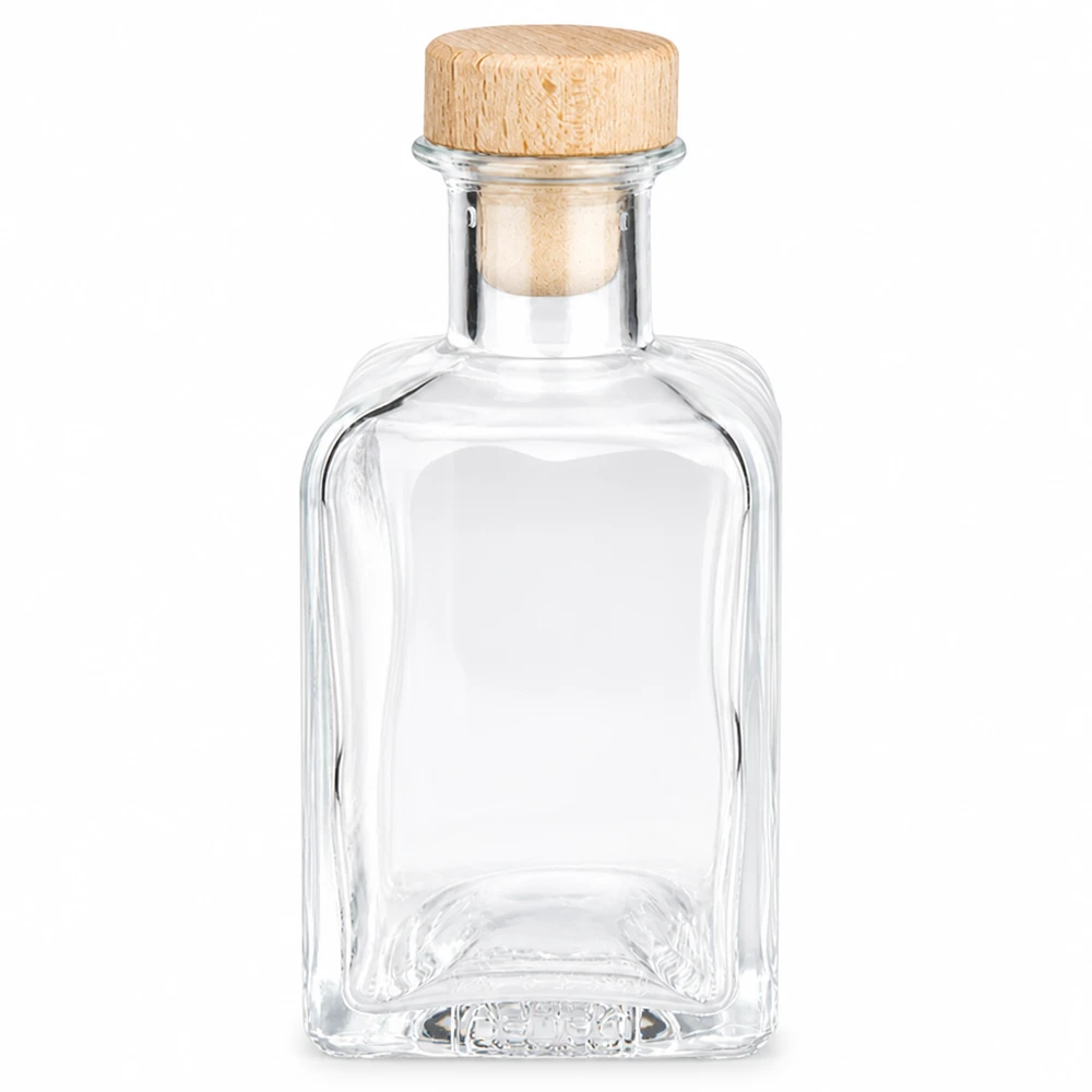 Botella de vidrio de 200ml Clara con tapón de corcho de madera vacía transparente rectangular tapón de corcho botella decorativa