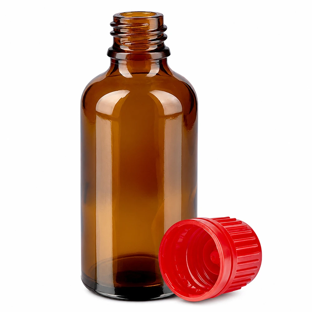 Frasco de vidrio ámbar de 50 ml con rosca de 11 mm y tapón de rosca rojo para medicamentos y gotas