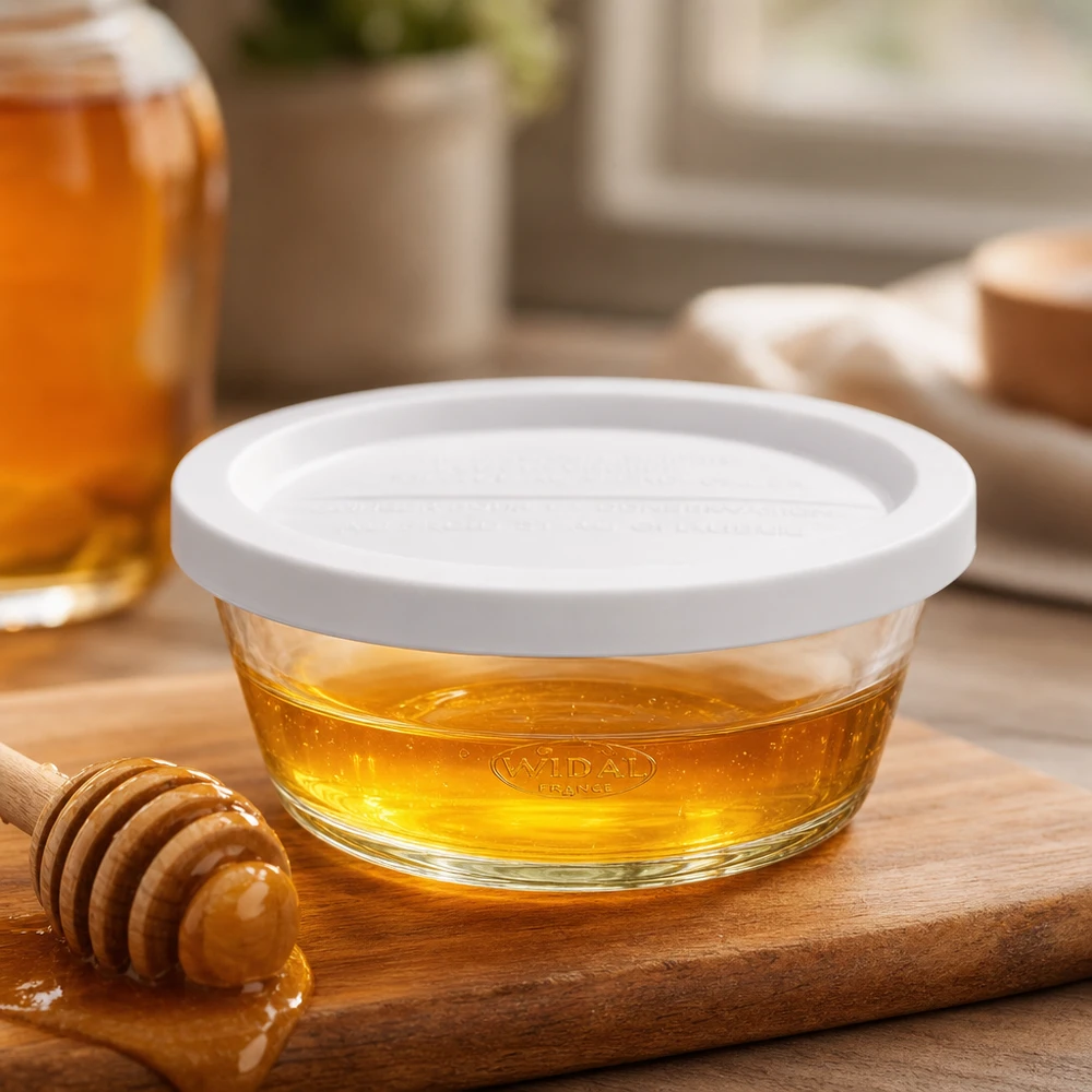 Tarro gourmet de 300ml con frisado. WECK RR120 WECK RR120 tarro gourmet 300ml lleno de miel en una tabla de madera con cuchara de miel como ejemplo de uso