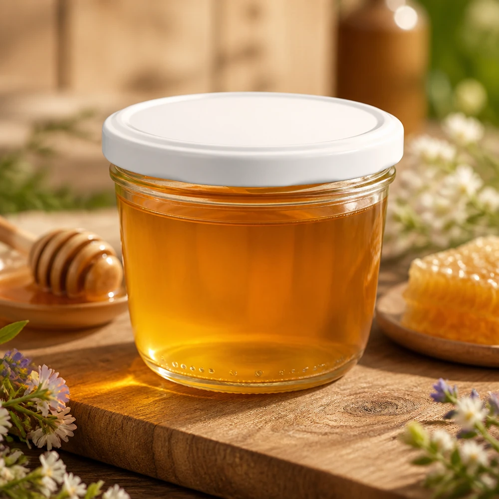 Vasos de 230 ml llenos de miel sobre una tabla de madera: perfectos para la apicultura y el almacenamiento natural de alimentos