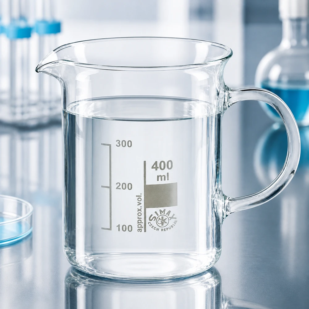 Vaso de laboratorio transparente de 400 ml con asa y pico vertedor, fabricado en vidrio borosilicato resistente a las altas temperaturas