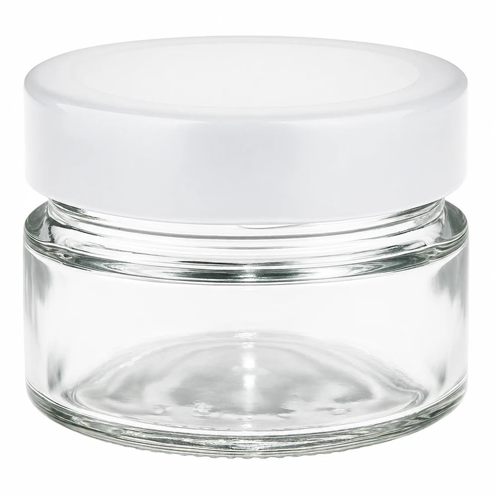 Tarro redondo de 80 ml con tapa blanca BasicSeal - envase de vidrio transparente para cosméticos y almacenamiento