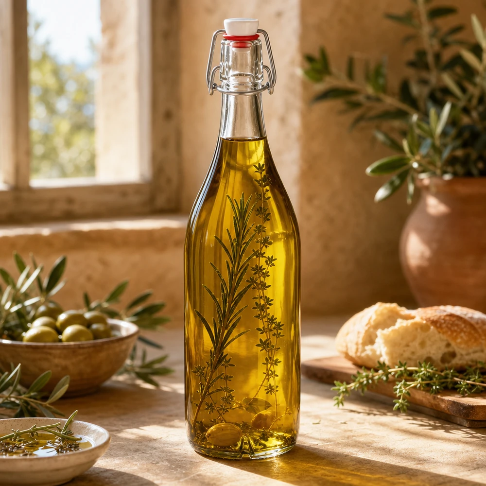Botella de vidrio de 1000 ml + tapa abatible de PVC UNiTWIST Botella de cristal de 1000 ml con tapa abatible rellena de aceite de oliva y hierbas Cocina mediterránea Aplicación Lifestyle