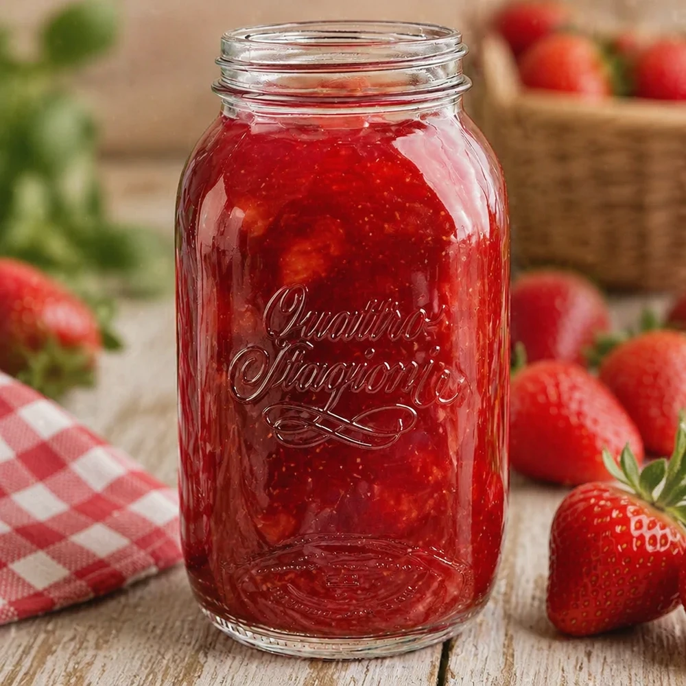 Vaso redondo 1500ml "Quattro Stagioni" QS86mm Tarro doméstico Quattro Stagioni de 1500 ml lleno de mermelada de fresa rodeado de fresas frescas sobre una mesa de madera