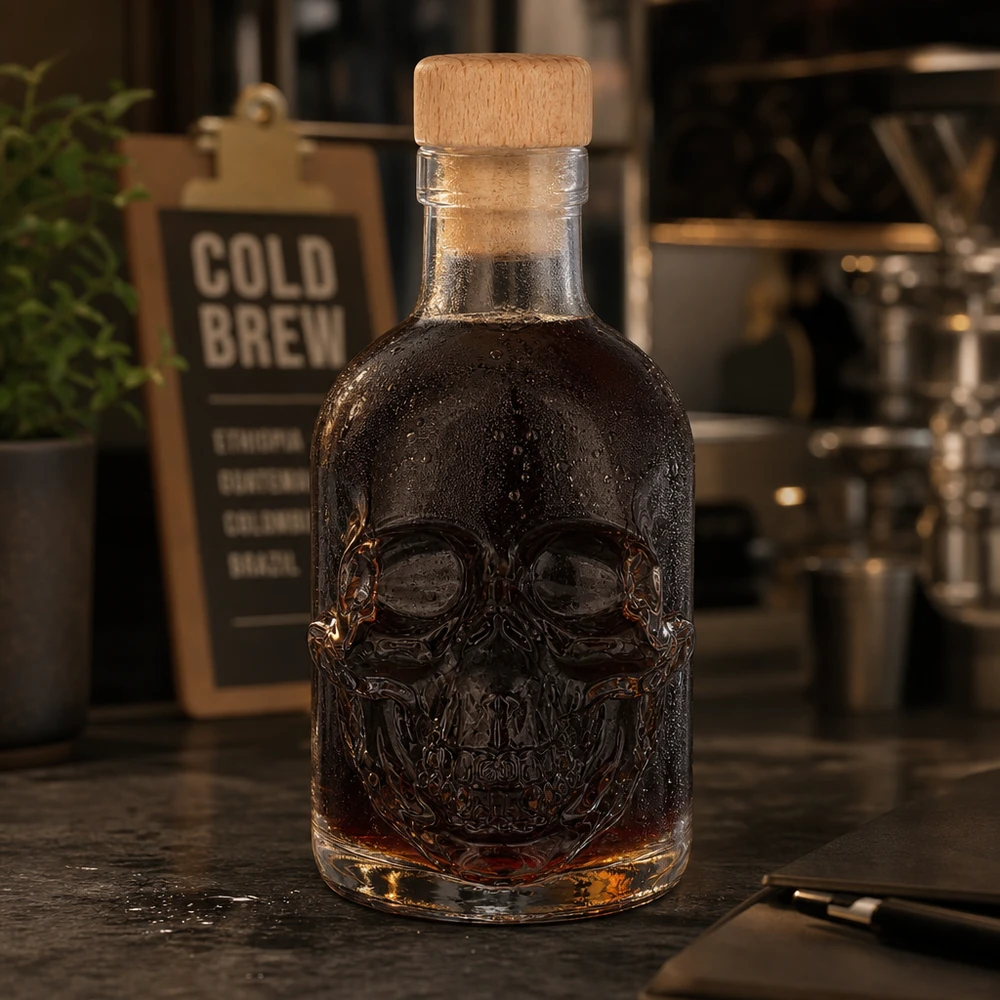 Botella de vidrio de 200 ml «Jack» con tapón de corcho con asa de madera UNiTWIST® Cráneo botella de vidrio de Jack 200ml con espíritu oscuro en un ambiente de café, signo de cerveza fría en el fondo