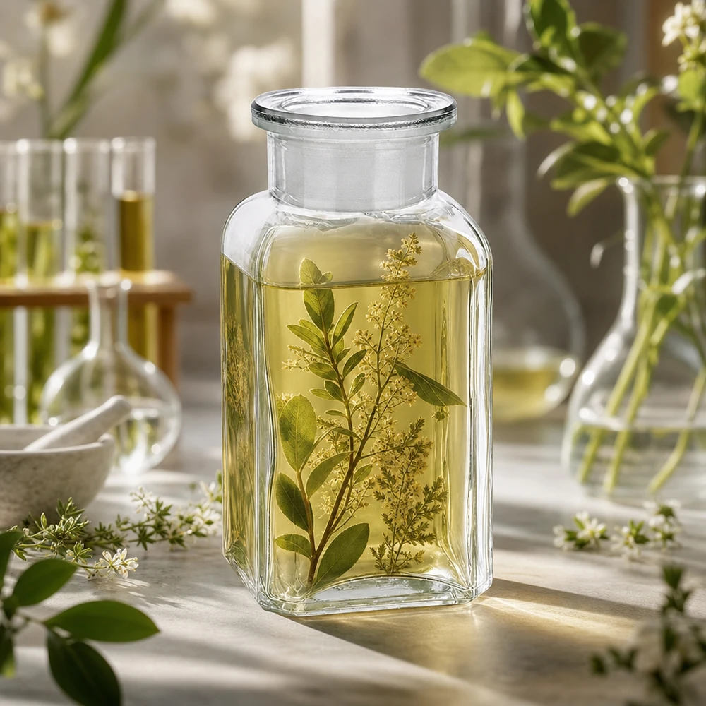 Botella cuadrada 100 ml tapón de vidrio transparente de cuello ancho Frasco cuadrado transparente de 100 ml con extracto de hierbas y flores blancas en un entorno de laboratorio