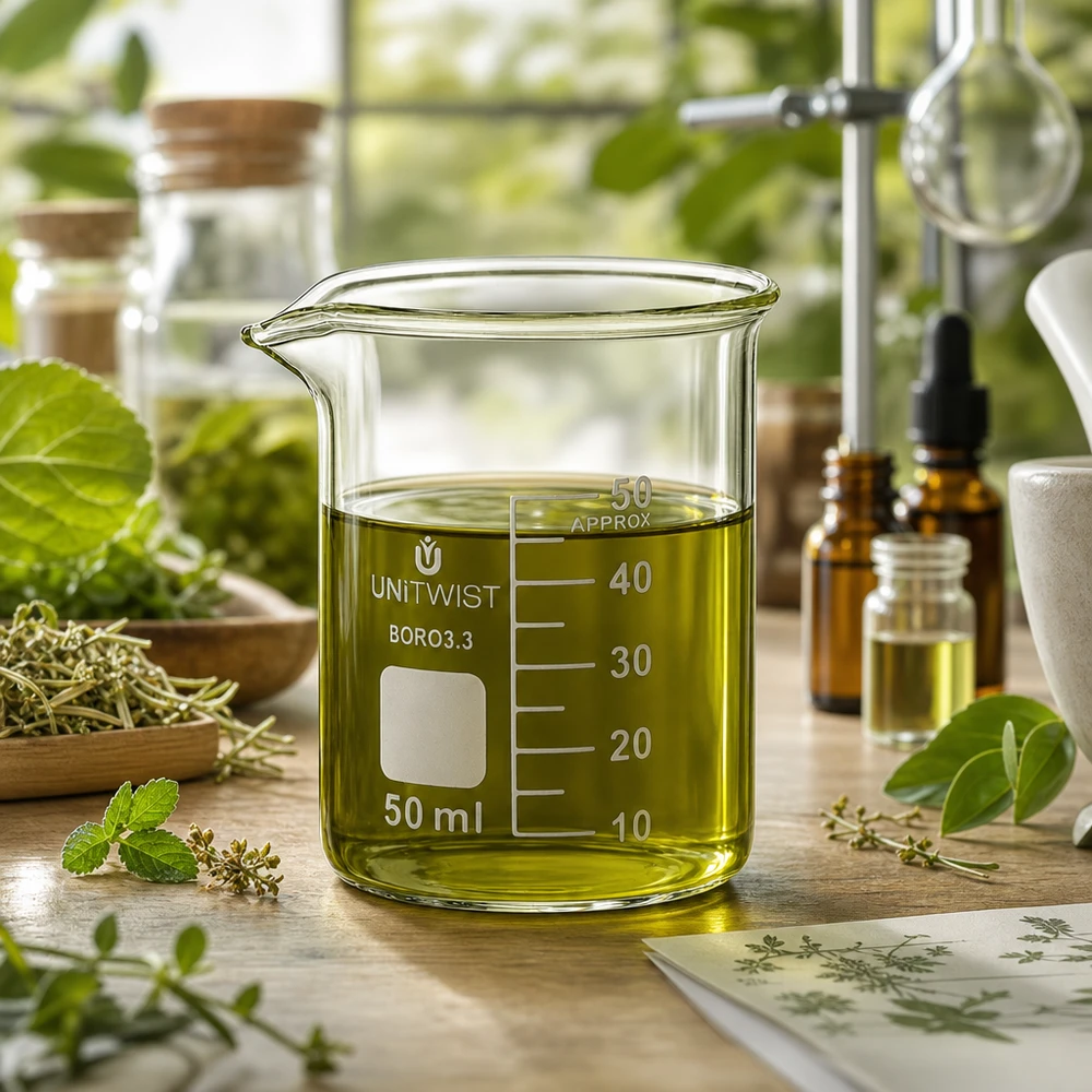 Vaso 50ml borosilicato, molde bajo UNiTWIST Vaso de precipitados de 50 ml UNiTWIST, de forma baja, con aceite de hierbas de color verde amarillento, con un nivel de llenado de hasta 40 ml, en Naturlabor