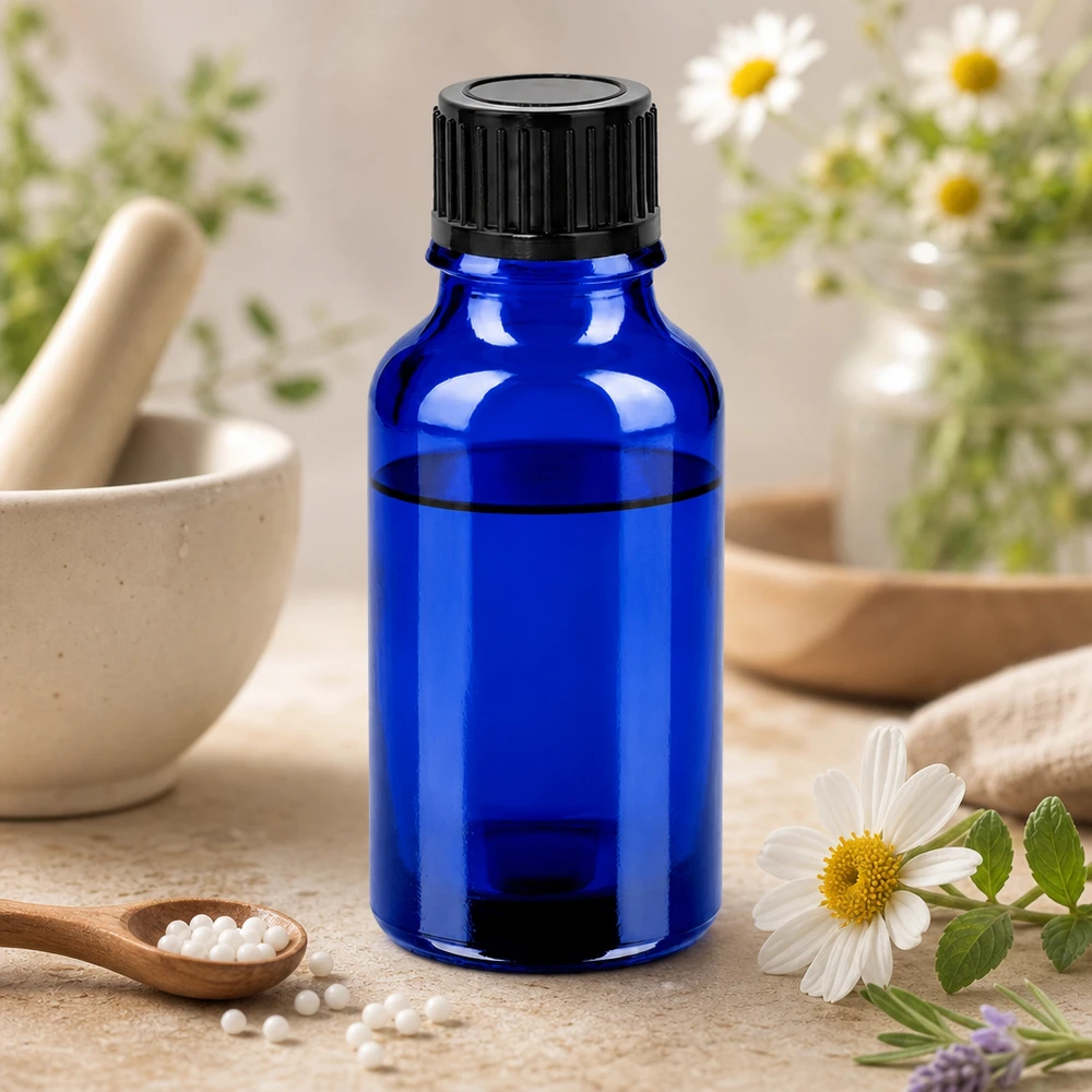 Frasco de 20 ml con protección UV gracias al vidrio azul y tapón negro para contenidos sensibles a la luz