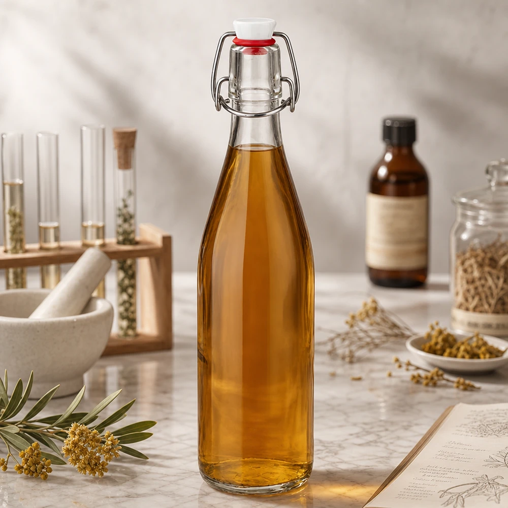 Botella de vidrio de 500ml + tapa oscilante de porcelana UNiTWIST Botella de cristal de 500 ml con líquido dorado en laboratorio de cosmética natural junto a hierbas y aceites