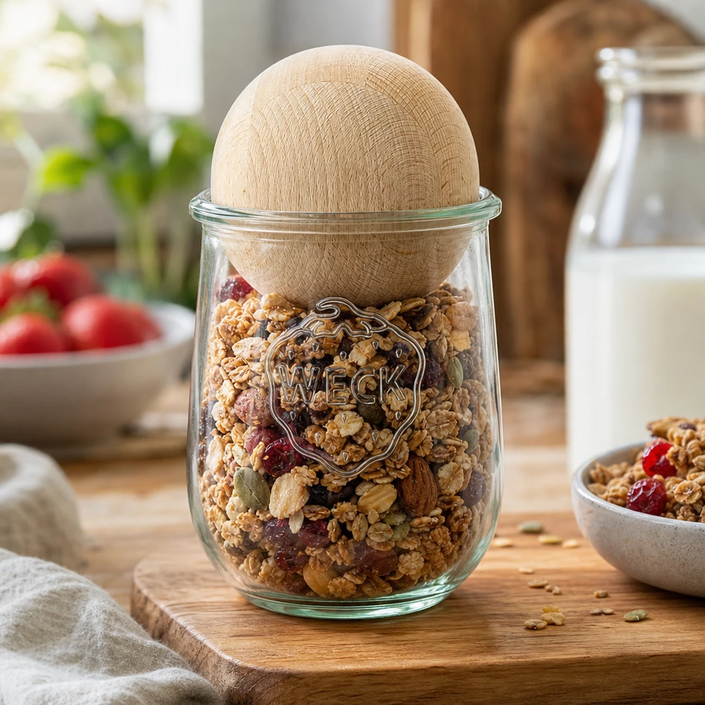 Tarro tulipa WECK RR100 1062ml con bola de madera de haya WECK tarro de almacenaje 1062ml RR100 lleno de muesli y frutos secos muestra un práctico almacenaje de cocina con bola de madera de haya