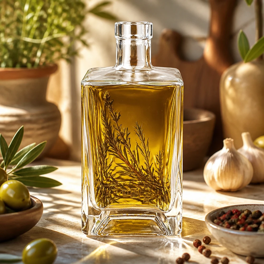 Botella de vidrio Ben 700ml llena de aceite de oliva y hierbas en la cocina mediterránea como ejemplo de uso
