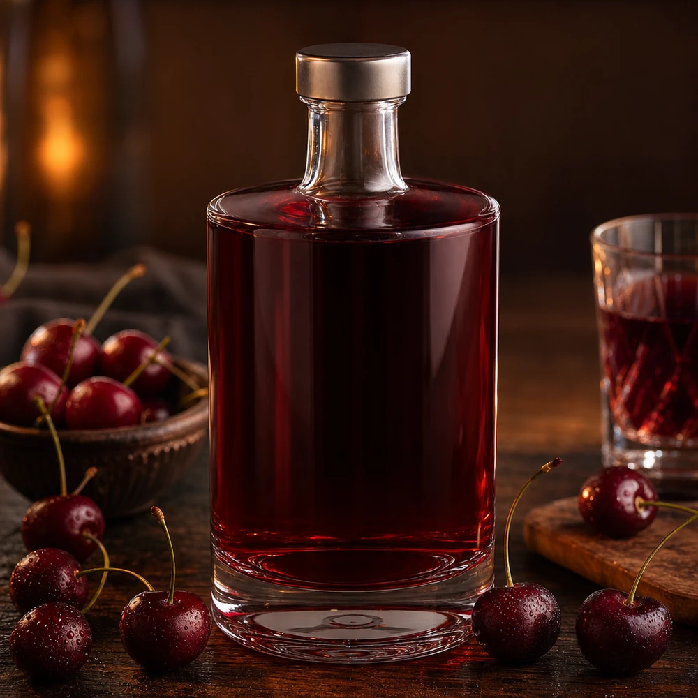 Botella de cristal de 500 ml Sam llena de licor de cereza entre cerezas frescas acogedora atmósfera de chimenea momento de placer