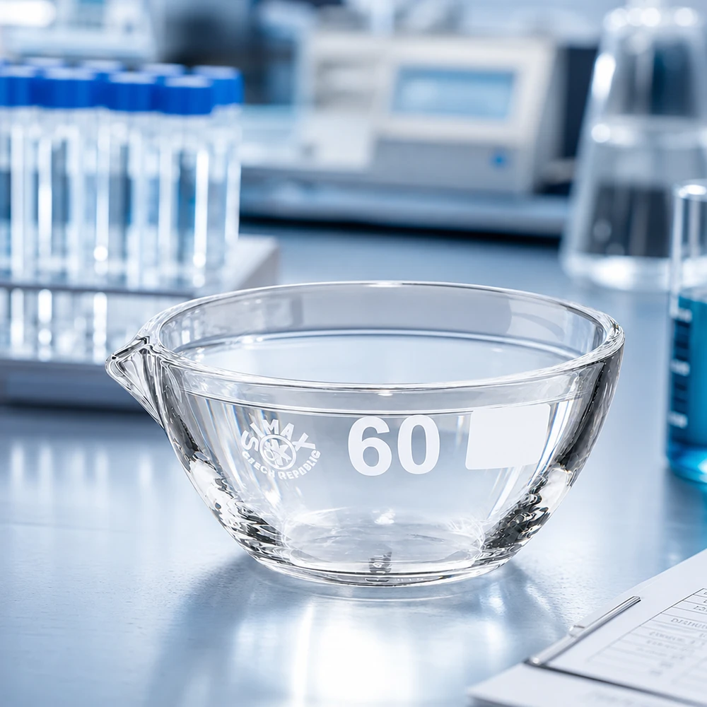Plato de evaporación 45ml con pico borosilicato ø60mm Placa de evaporación compacta de 45 ml con pico de ø60 mm fabricada en borosilicato robusto para trabajos de laboratorio