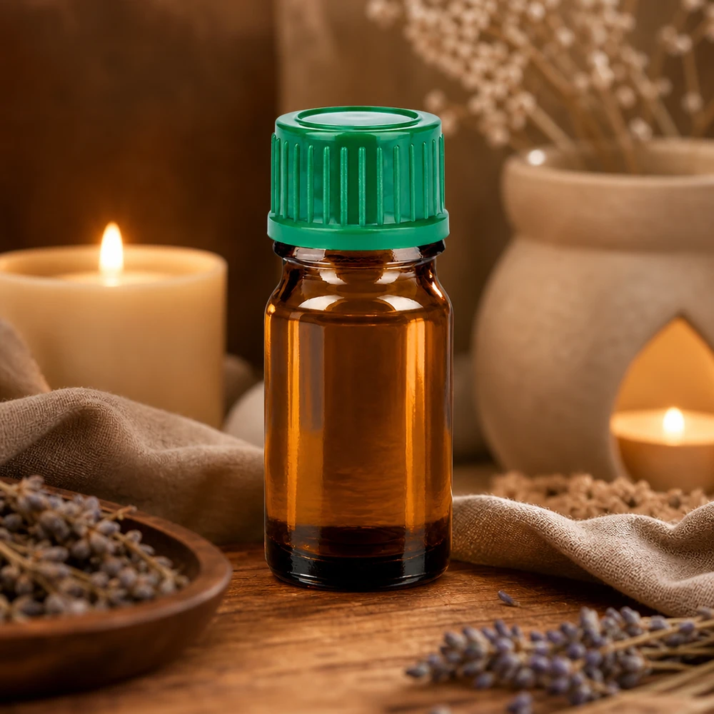 Frasco de vidrio ámbar de 5 ml con protección UV y tapón de rosca verde para sustancias fotosensibles
