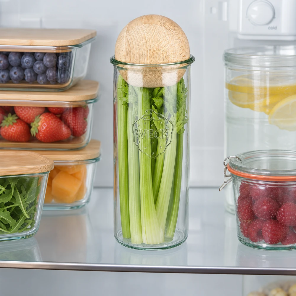WECK RR100 Vaso de 1500ml en la nevera con apio, tapa de bola de madera de haya, mantiene las verduras frescas