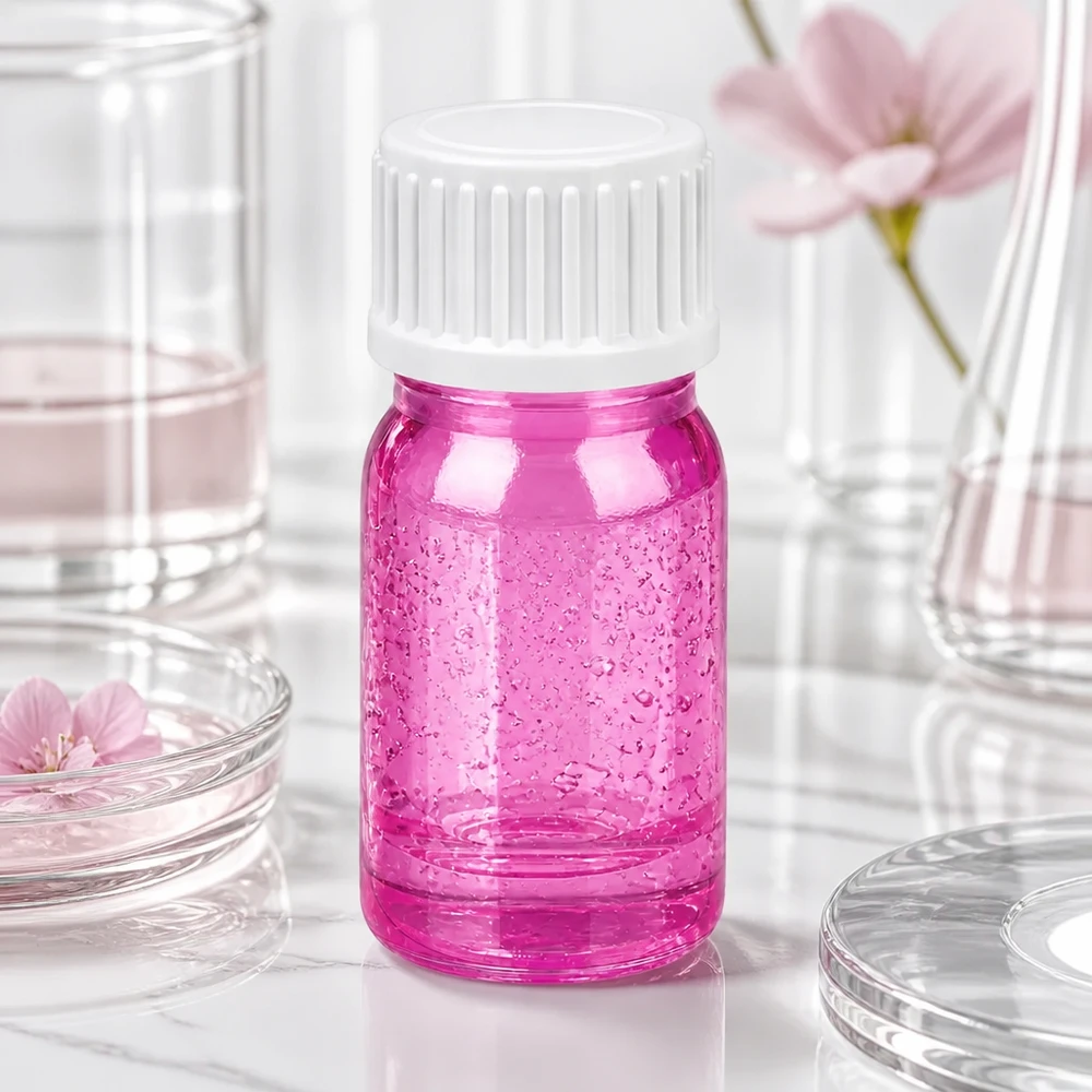 Frasco de vidrio rosa de 5 ml con tapón de rosca blanco y superficie texturizada para aplicaciones cosméticas