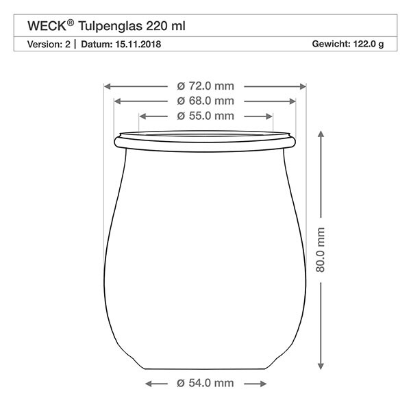 220ml tarro tulipán WECK RR60 con corcho natural Dibujo técnico WECK tarro tulipán 220ml RR60 con medidas y dimensiones - Especificación del producto tarro conservador