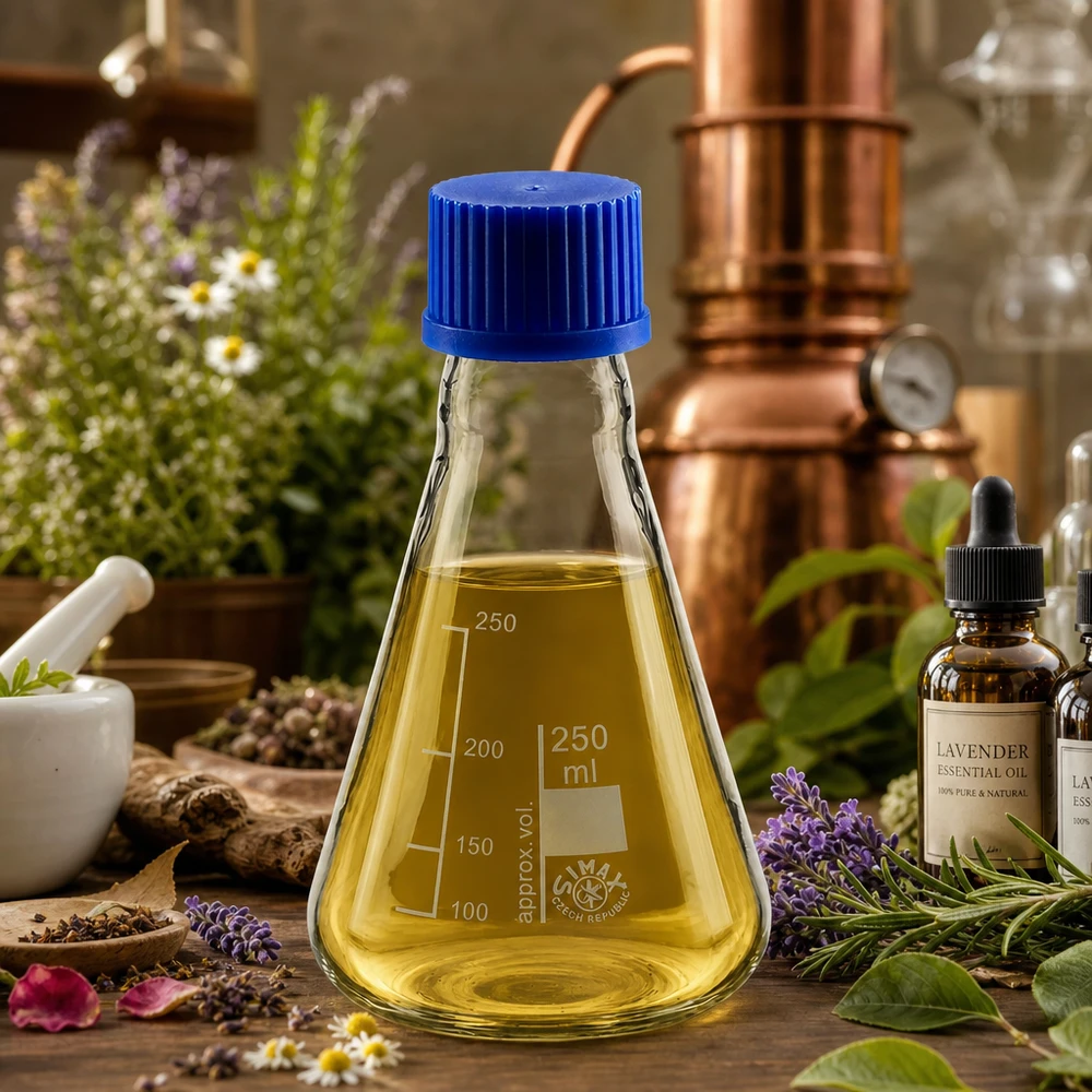 Erlenmeyer 250ml con tapón de rosca Matraz Erlenmeyer graduado de 250 ml con marcas de medición y tapón azul para la determinación precisa del volumen