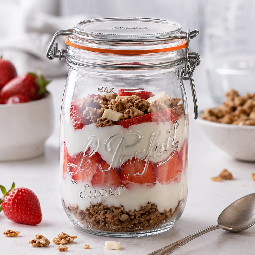 Le Parfait Super tarro de 1000 ml con tapa abatible lleno de yogur, fresas y muesli de postre