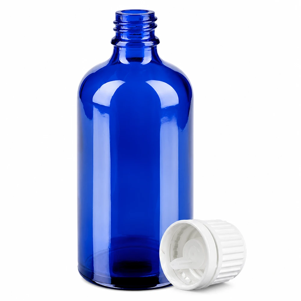 Frasco cuentagotas de vidrio azul de alta calidad de 100 ml con tapón de rosca blanco para aromaterapia