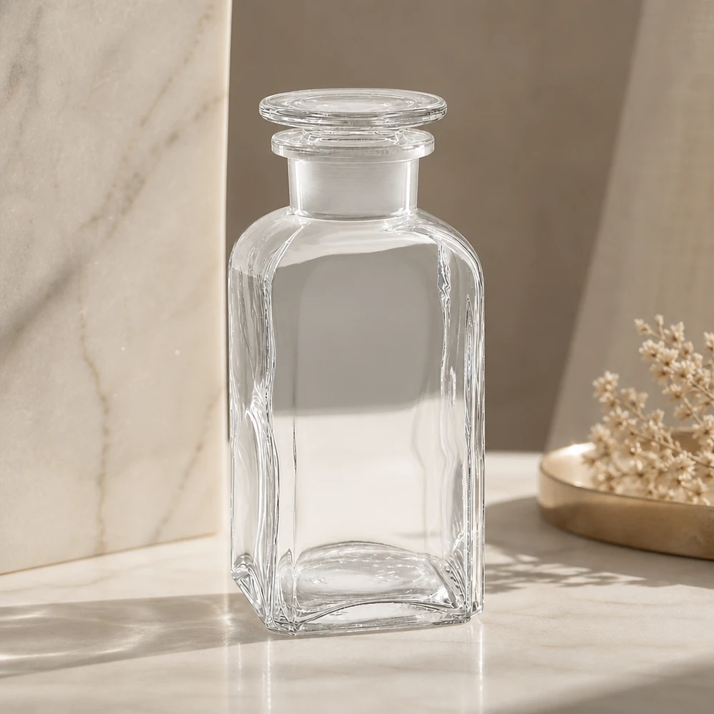 Frasco cuadrado 350ml transparente cuello ancho tapón vidrio Botella de cristal cuadrada de 350 ml con tapón redondo de cristal, de cuello ancho, transparente y vacía