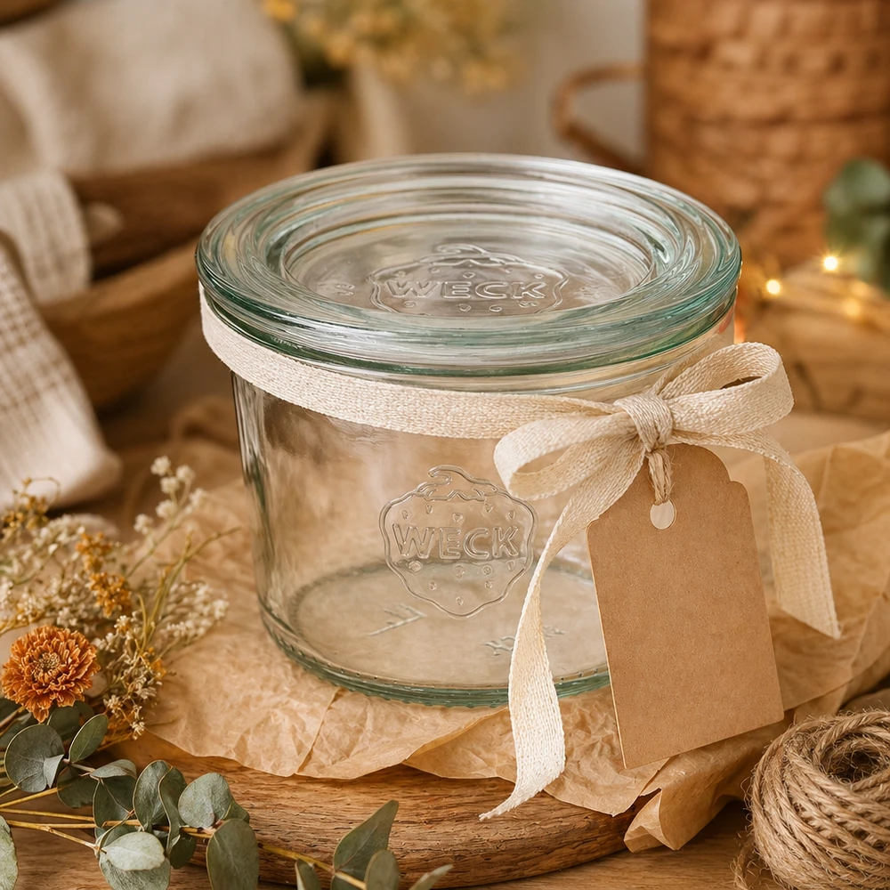 Tarro de cristal de 80 ml con tapa de cristal WECK RR60 Vasos WECK 80ml RR60 escenificados decorativamente con colgante de cinta de regalo y decoración otoñal sobre mesa de madera