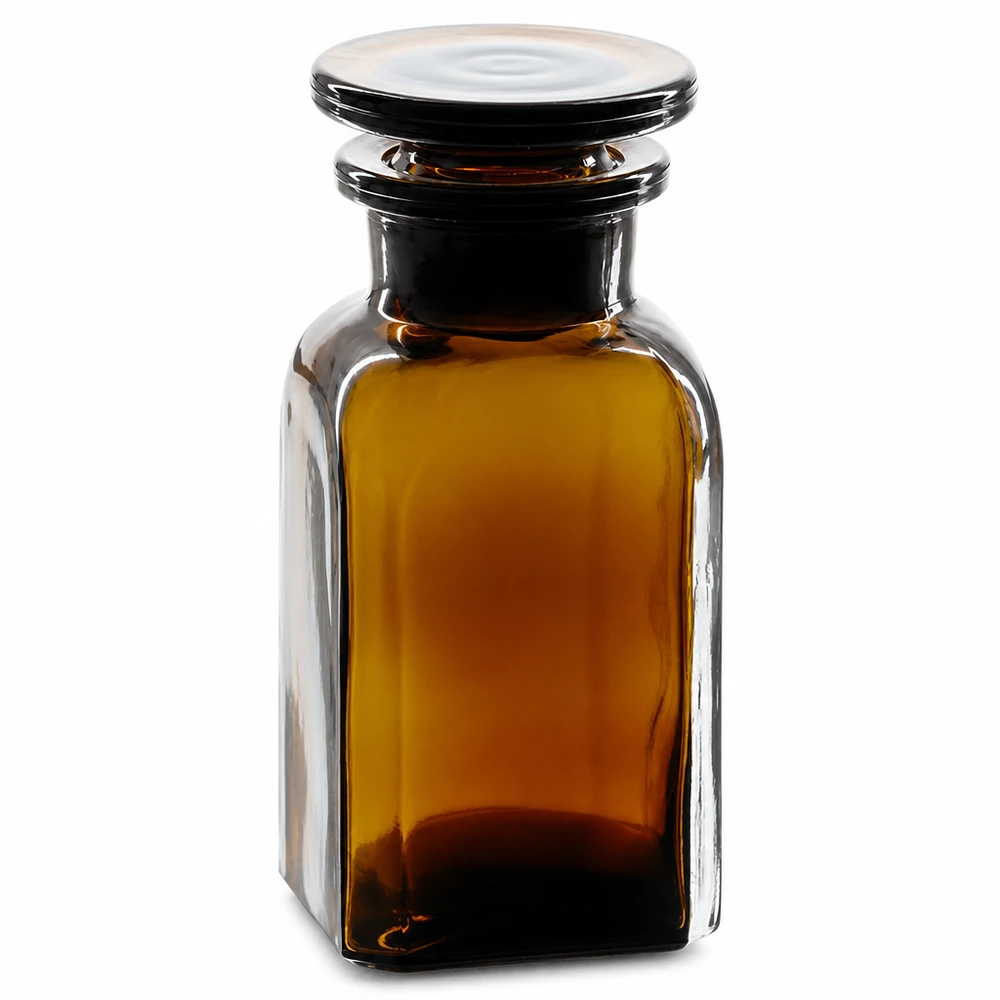 Frasco cuadrado de 100 ml, marrón, con tapón de cristal y cuello ancho, para laboratorio y farmacia