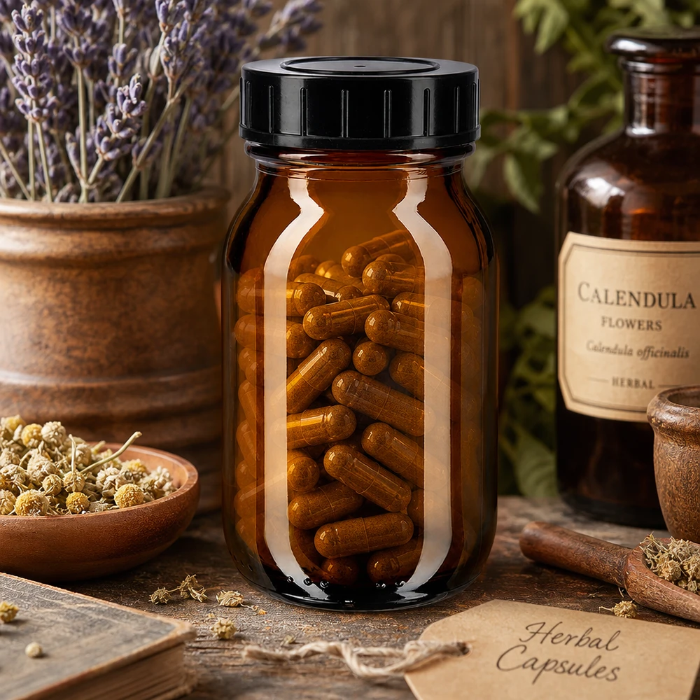 Frasco de vidrio ámbar de cuello ancho de 100 ml con práctico tapón de rosca para cápsulas y comprimidos