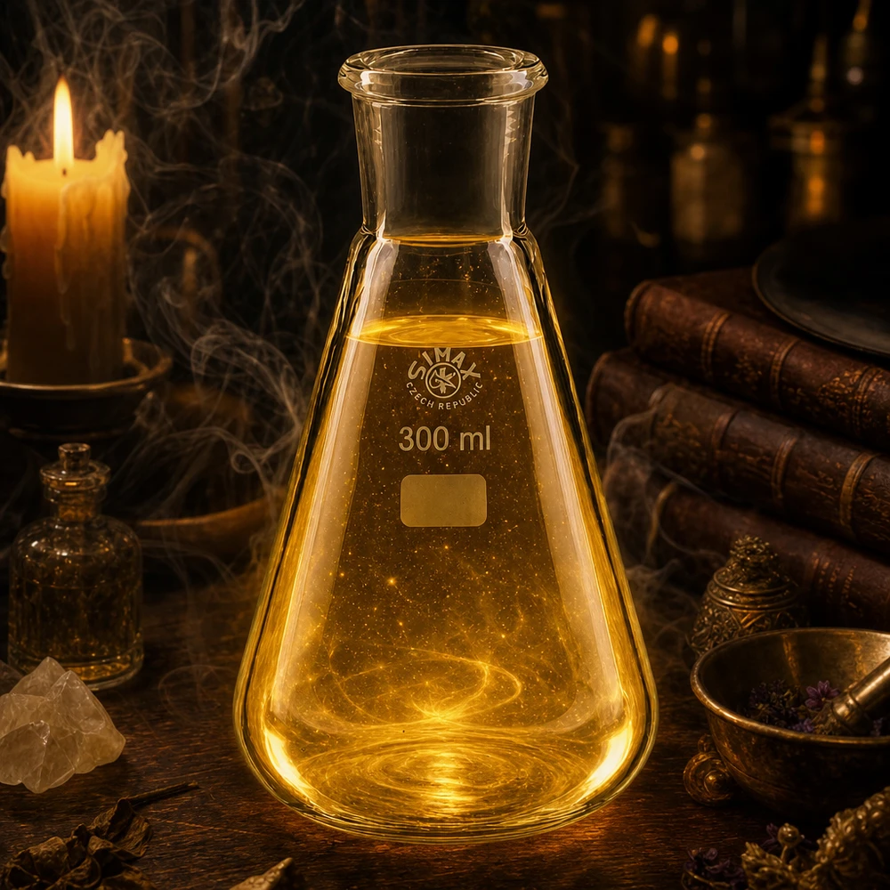 Matraz Erlenmeyer 300ml con junta esmerilada estándar (29/32) Matraz Erlenmeyer 300ml con junta esmerilada estándar 29/32 en iluminación amarillo dorado para tecnología de laboratorio