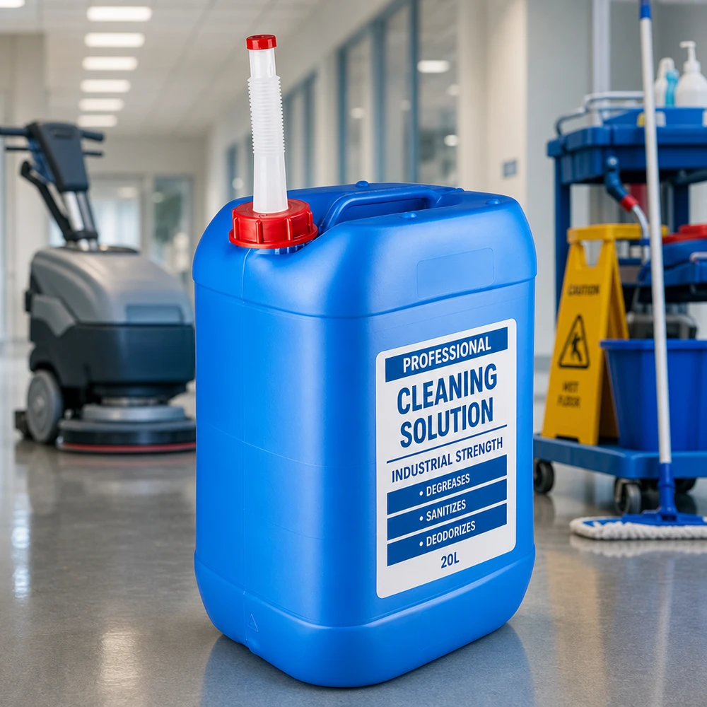 Recipiente de 25 litros, azul, con tubo de salida flexible, para productos de limpieza profesionales en envases a granel